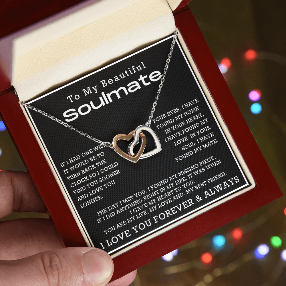 To My Beautiful Soulmate Interlocking Hearts Necklace, Anniversary Gift for Girlfriend with Message Card