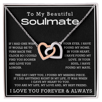 To My Beautiful Soulmate Interlocking Hearts Necklace, Anniversary Gift for Girlfriend with Message Card