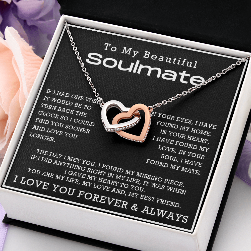 To My Beautiful Soulmate Interlocking Hearts Necklace, Anniversary Gift for Girlfriend with Message Card